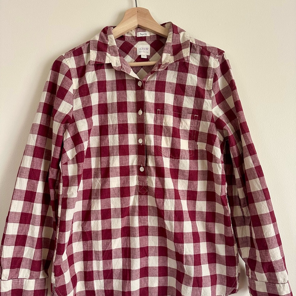 J. Crew Women’s Burgundy and Cream Checkered Shirt